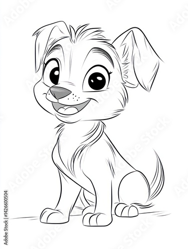 Happy puppy sitting, white background, coloring page