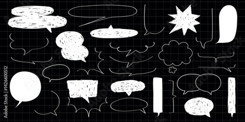 A collection of various white speech bubbles on a black grid background. Speech bubbles of different shapes and sizes, perfect for comics or design projects. Message illustration vector.
