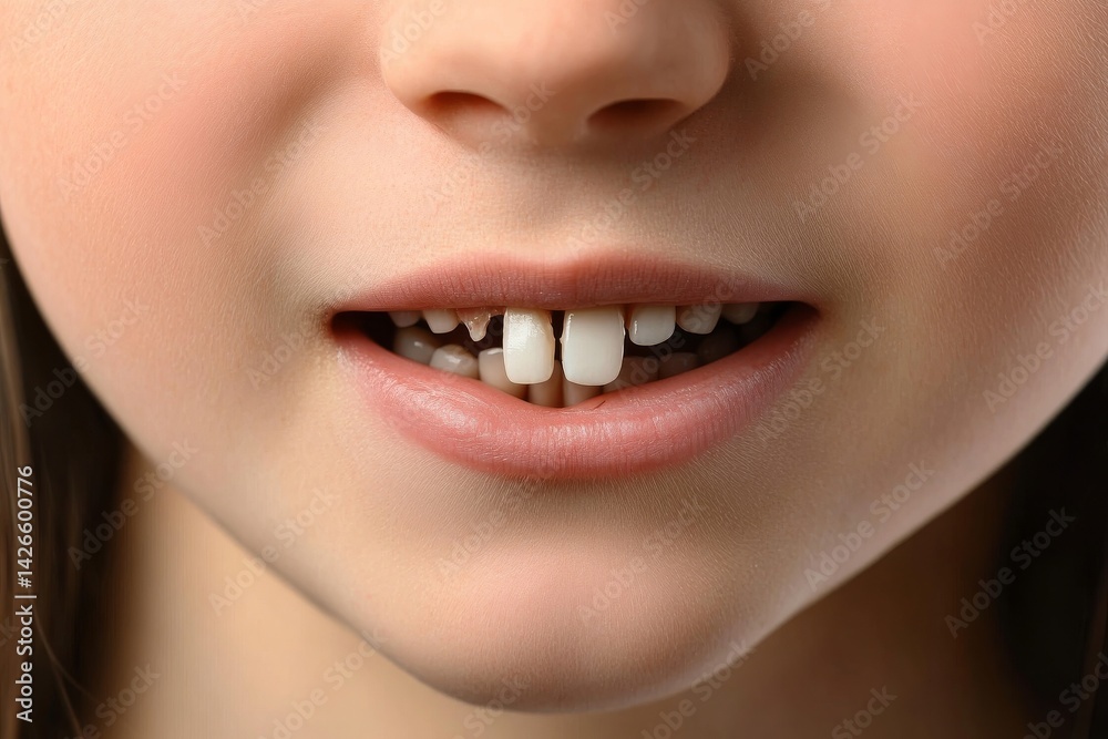 A close-up view of a woman's mouth, which is open and smiling, revealing a gap between her teeth, as well as her lips and uniquely shaped teeth A close-up view of a woman's mouth, which is open and smiling, revealing a gap between her teeth, as well as her lips and uniquely shaped teeth