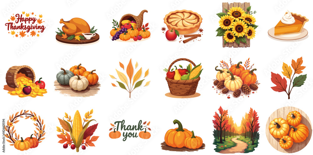 Thanksgiving vector illustration set with autumn harvest elements Thanksgiving vector illustration set with autumn harvest elements