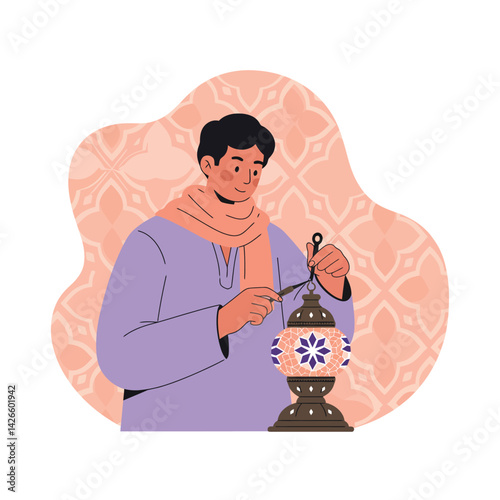Man in traditional clothing decorating lantern with intricate patterns vector illustration