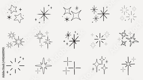 Set of abstract star and sparkle icons. Various star shapes and sparkle designs. Simple black and white star icons. Sparkle and star patterns for design. Element vector set.