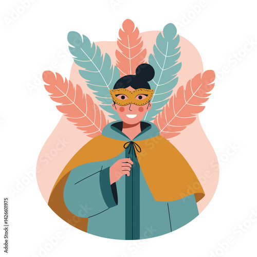 Woman wearing carnival mask with colorful feathers and autumn cloak vector illustration 