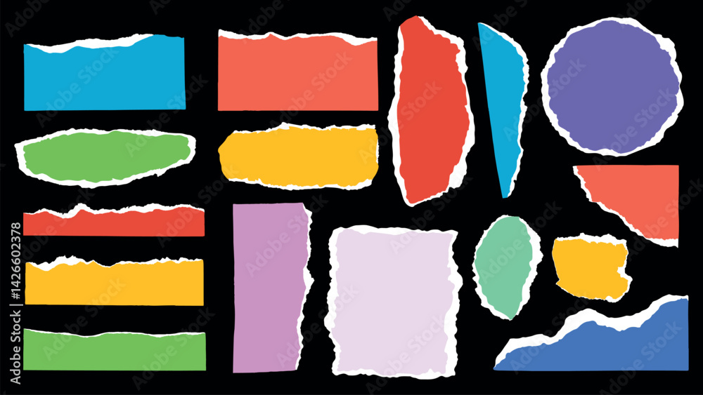 Colorful torn paper pieces in various shapes and sizes on a black background. Torn paper edges create a textured, artistic look. Vibrant and creative design elements. Colorful element vector set.