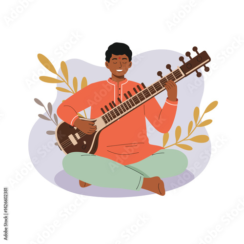 Man playing sitar traditional Indian string instrument in relaxed pose vector illustration 