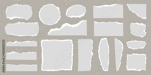 Collection of torn paper pieces. Various shapes of torn paper. Ripped paper edges. Torn paper texture. Torn paper for creative design. Ripped paper elements. Gray element vector set.