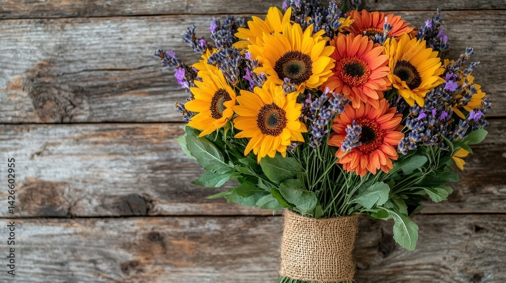 Fototapeta premium Rustic bouquet of sunflowers, gerbera daisies, and lavender on a wooden surface