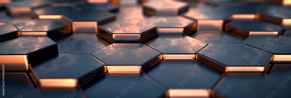 Close-up perspective view of a textured hexagonal metal surface with warm copper or bronze reflections. Abstract background for technology, industry, or modern design.
Close-up perspective view of a textured hexagonal metal surface with warm copper or bronze reflections. Abstract background for technology, industry, or modern design.