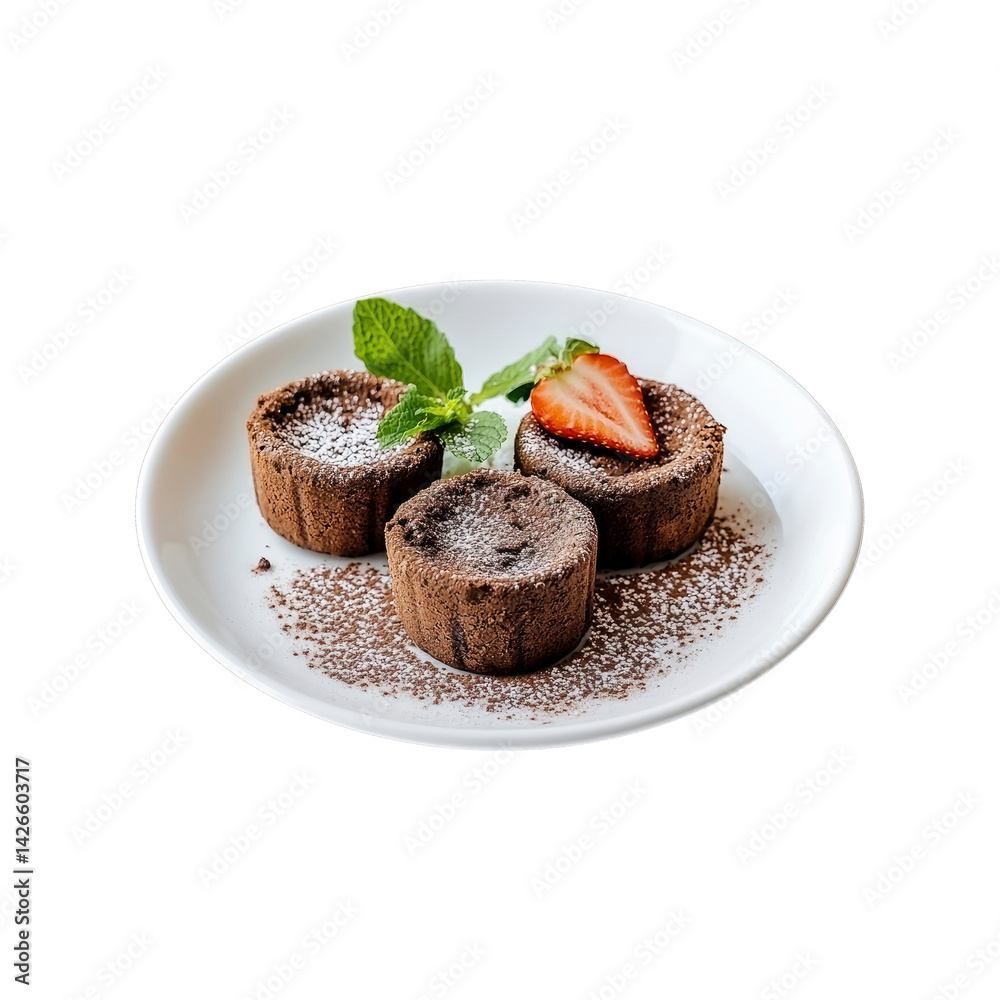 Three Delicious Chocolate Lava Cakes with Fresh Strawberry and Mint Garnish on White Plate Three Delicious Chocolate Lava Cakes with Fresh Strawberry and Mint Garnish on White Plate