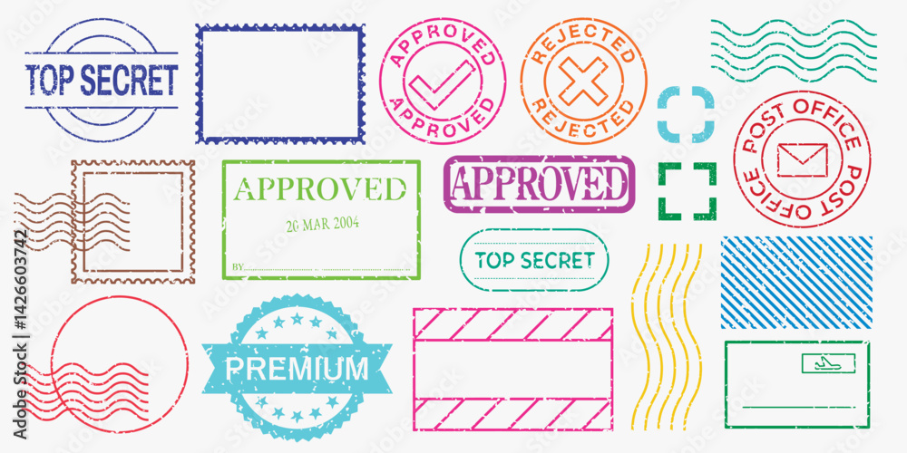 Colorful passport stamps featuring cities like New York, Tokyo, and Paris. Travel-themed design with iconic landmarks. Perfect for travel enthusiasts. Colorful travel stamps, vector set.