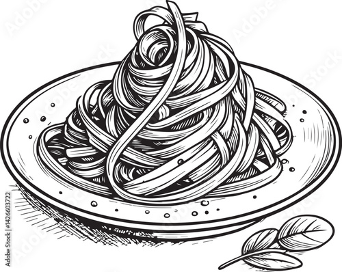 Linguine Pasta Type Black and White Vector Illustration, Sketch Drawing Line Linear Symbol Icon Engraving, Hand-drawn Isolated