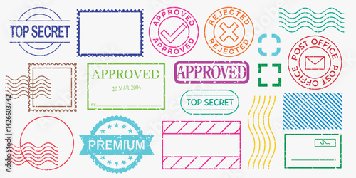 Obraz na płótnie Colorful passport stamps featuring cities like New York, Tokyo, and Paris. Travel-themed design with iconic landmarks. Perfect for travel enthusiasts. Colorful travel stamps, vector set. w salonie