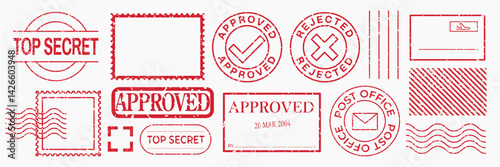 Red postal stamps with 'Approved,' 'Rejected,' and 'Top Secret' labels. Various designs include circles, rectangles, and envelopes. Postal stamps in red. Red stamps, vector set.
