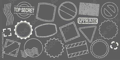 Set of white chalk stamp designs on a blackboard. Includes various shapes like circles, squares, and stars. Chalk stamps, chalkboard style, unique designs. Black blank stamps, vector set.