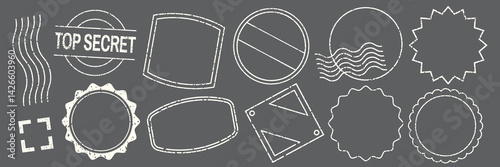 Set of white chalk stamp designs on a blackboard. Includes various shapes like circles, squares, and stars. Chalk stamps, chalkboard style, unique designs. Black blank stamps, vector set.