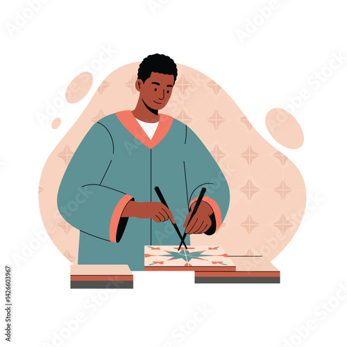 Man practicing calligraphy with brush pens on paper in calm artistic setting vector illustration 