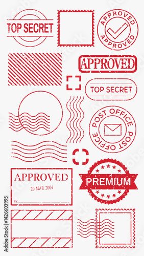 Red stamps and labels with 'Top Secret' and 'Approved' designs. Various shapes include circles, rectangles, and wavy lines. Stamps and labels in red. Red stamps, vector set.