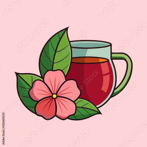 A delightful illustration of a mug of tea adorned with a vibrant pink flower and lush green leaves