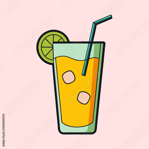 Refreshing Summer Citrus Drink with Ice Cubes and Straw in Tall Glass