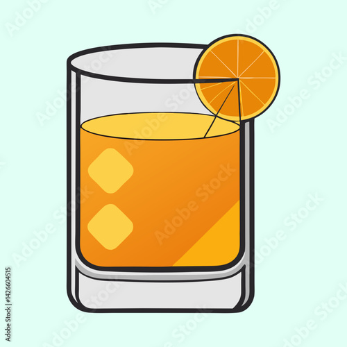 Stylized orange cocktail illustration with ice cubes and an orange slice garnish
