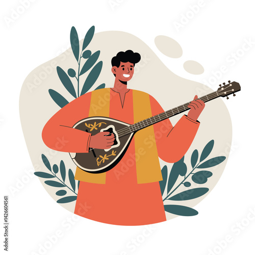 Man playing mandolin musical instrument with orange and yellow clothing vector illustration 