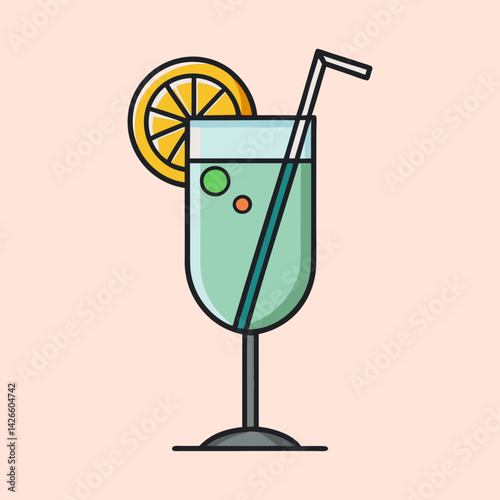 Refreshing Summer Cocktail Drink with Lemon Slice and Straw in Elegant Glassware