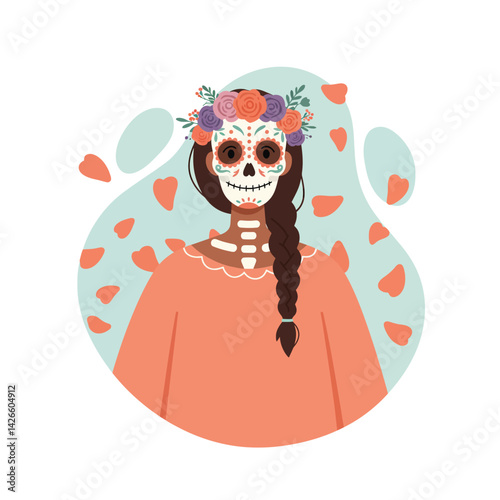 Woman with sugar skull face paint and floral crown celebrating Day of the Dead tradition vector illustration  photo