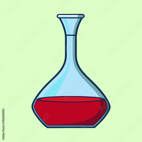 Cartoon illustration of a glass decanter filled with red liquid a laboratory flask beaker science experiment chemical experiment chemistry glassware red potion magic elixir