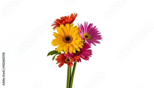 The vibrant bouquet of flowers stood out against the plain white background, each petal bursting with color and life, creating a striking contrast that captivated anyone who laid eyes on it.