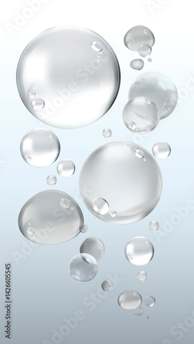 Floating bubbles in various sizes on a light background. Transparent bubbles, shiny bubbles, and floating bubbles create a calming, airy atmosphere. Soap bubble element vector set.