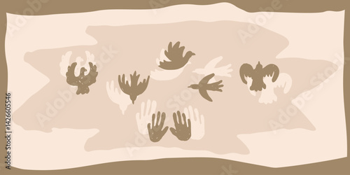 hands birds illustration logo template vintage boho folk brush style