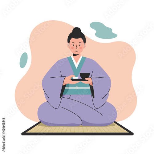 Woman in traditional kimono sitting on tatami mat drinking tea in calm Japanese tea ceremony setting vector illustration 