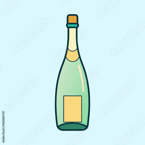 Simple cartoon drawing of a pale green champagne bottle on light blue