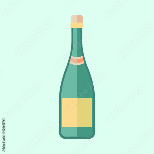 Flat Illustration of a Teal Wine or Champagne Bottle on Light Green