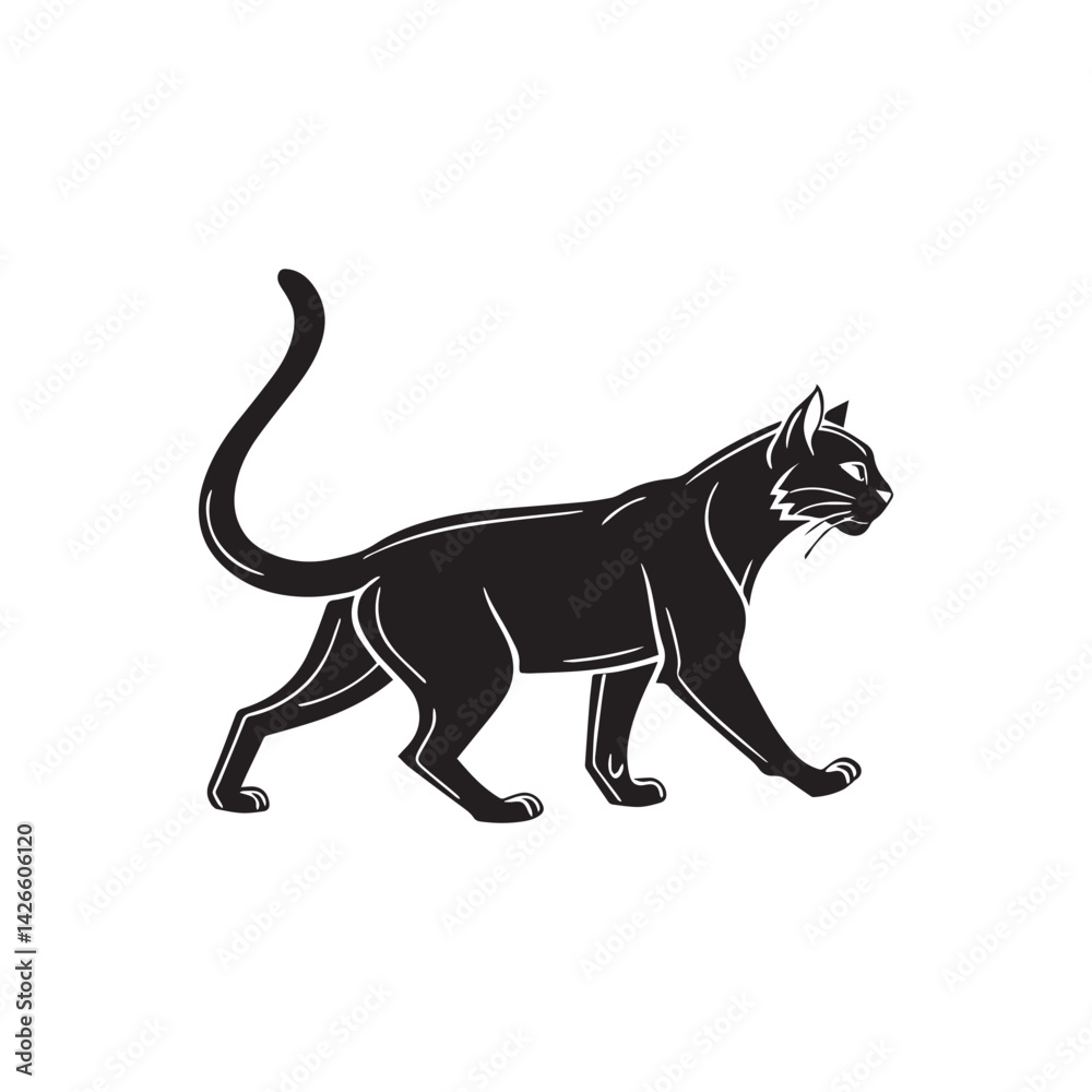 Elegant walking cat silhouette, side profile, black vector icon on plain white background
Elegant walking cat silhouette, side profile, black vector icon on plain white background