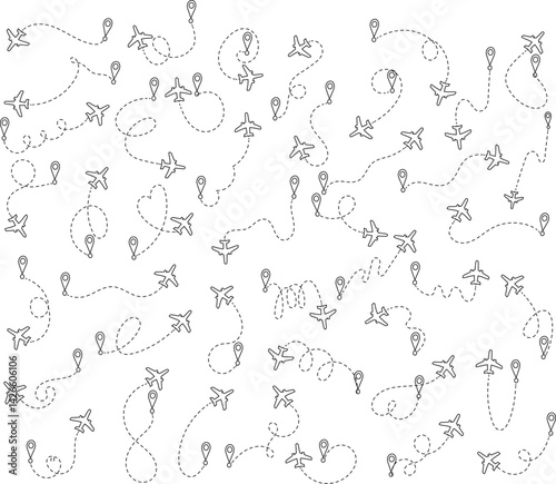 Airplane Flight Path Pattern – Doodle Aircraft Trails Vector Background