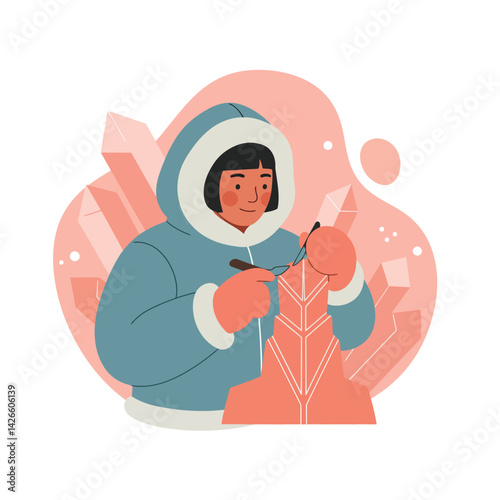 Woman wearing parka crafting geometric sculpture with orange crystals vector illustration 
