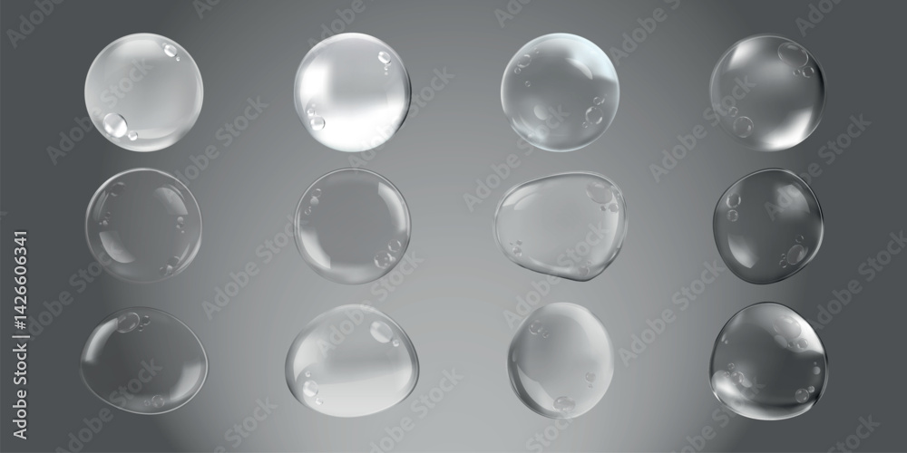 Twelve transparent water droplets on a gray background. Each droplet is clear and reflective. Water droplets vary in shape and size, creating a natural effect. Soap bubble element vector set.