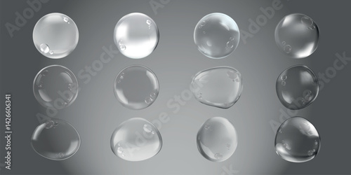 Obraz na płótnie Twelve transparent water droplets on a gray background. Each droplet is clear and reflective. Water droplets vary in shape and size, creating a natural effect. Soap bubble element vector set. w salonie