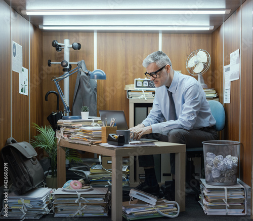 Canvas Print Corporate businessman working in a small messy office