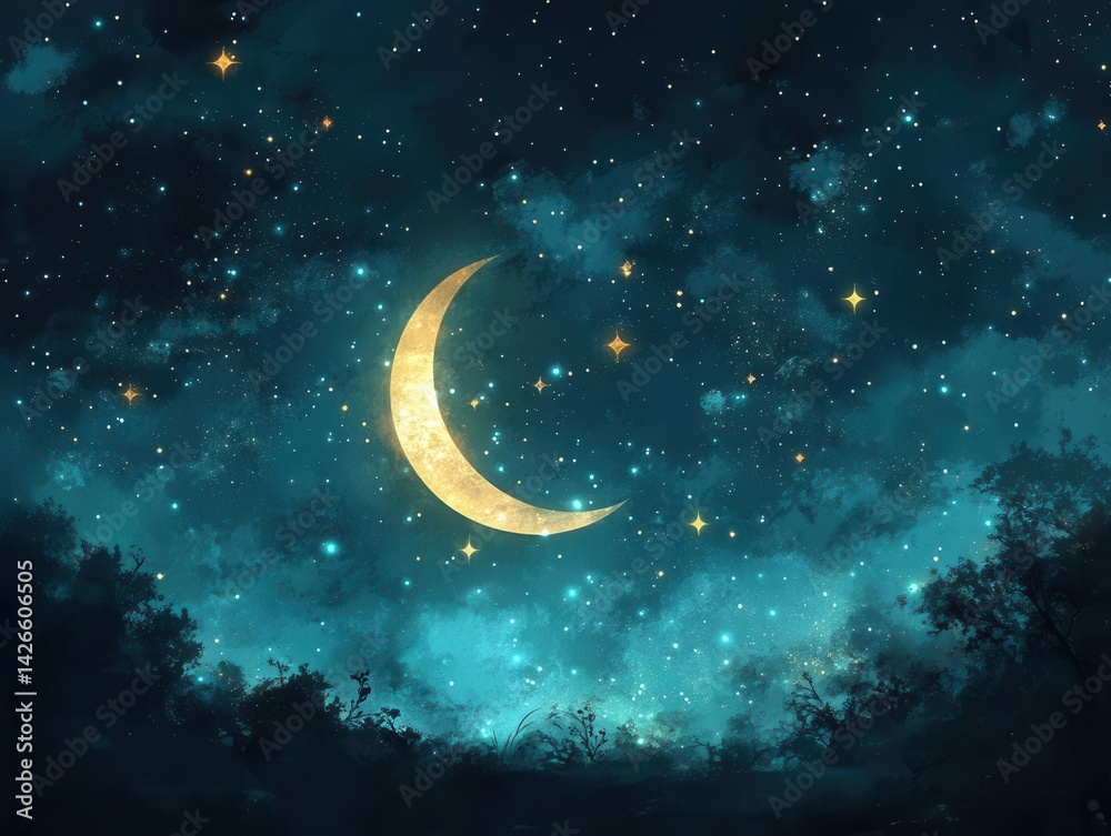 Fototapeta premium A crescent moon glows above a dark forest with mountains in the distance.