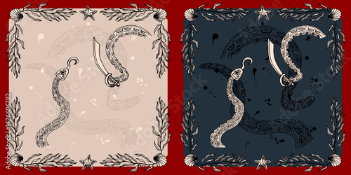 octopus kraken tentacle with saber sword sea ocean monster ink illustration art retro vintage