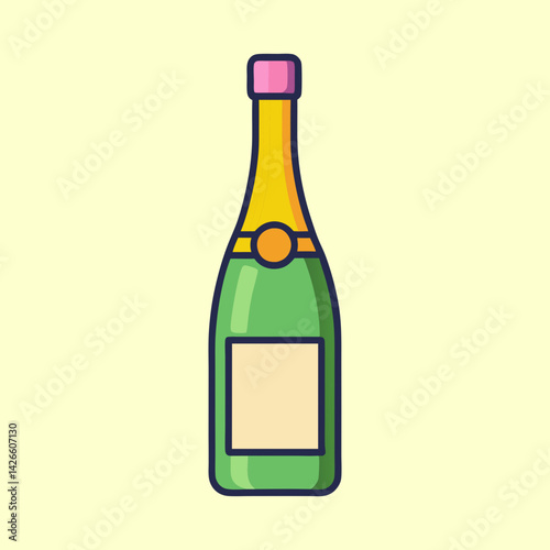 Illustration of a Festive Green Champagne Bottle with Pink Cap and Yellow Neck Label