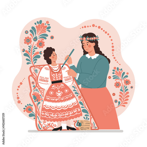 Woman dressing girl in traditional folk costume with floral embroidery and handwoven details vector illustration 
