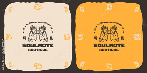 clothes clothing wear shop boutique logo template Maya Mayan Ancient illustration clipart rough vintage old style