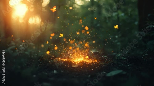 Magical forest scene with glowing particles and butterflies at sunset