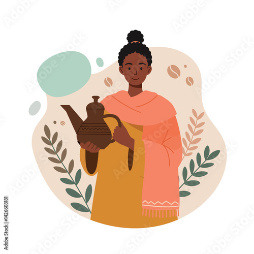 African woman holding traditional coffee pot in colorful shawl with coffee beans and floral background vector illustration 