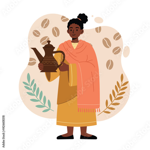 African woman holding traditional coffee pot with coffee beans background vector illustration 