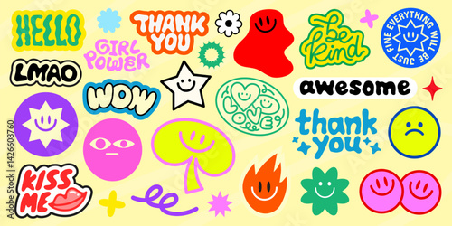Colorful stickers with phrases like 'thank you', 'be kind', 'girl power', and 'awesome' Features smiley faces and vibrant designs in various shapes Funky stickers, vector set