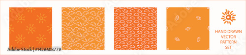 Vibrant fall cloud sunshine seamless nursery pattern set. Naive illustration of summer sky in hand drawn playful style for childrens nursery backdrops, wallpaper. 
